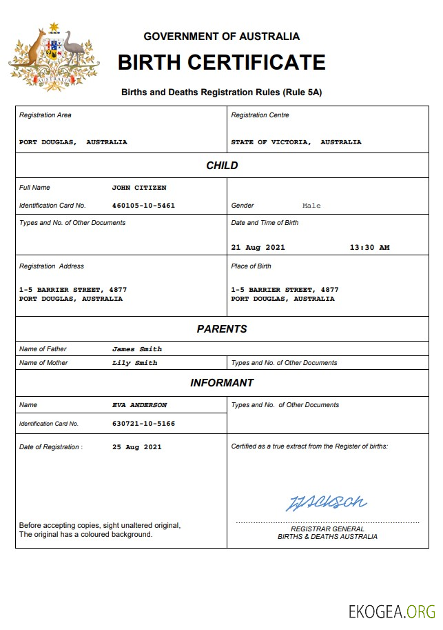 Modèle Word et PDF d'acte de naissance d'acte d'état civil australien